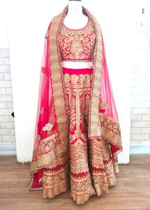 Red With Gold Embroidery Bridal Lehenga (Women&#39;s)