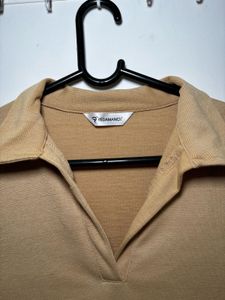 Ribbed Beige Formal Top/ Tshirt With Collar