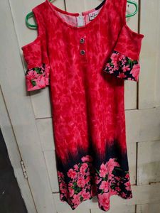 Beautiful Red Floral Crep Knee Length Dress