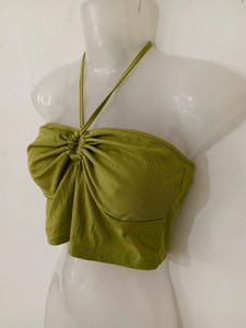 Chic Green Ribbed Halter Crop Top