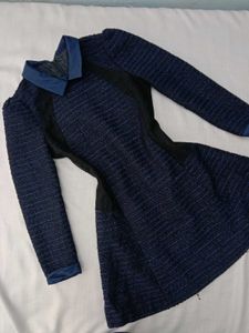 New Korean Puff Sleeves Navy Blue Dress