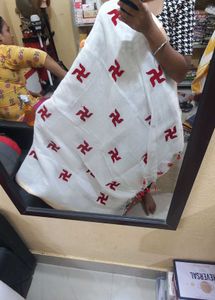 White And Red Swastik Print Saree