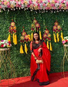 Red & Black Embroidered Saree With Potli Bag
