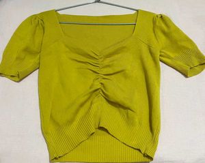 Mustard Cotton Crop Top | Fluffy Sleeves