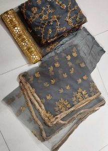 Grey Embroidery Net Silk Suit