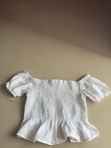 White Smocked Off-Shoulder Crop Top