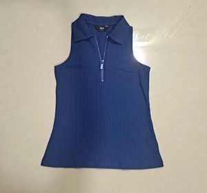 Navy Ribbed Zip-Up Sleeveless Top