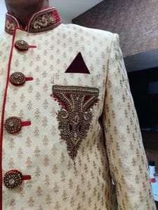 Men Sherwani Dhoti Stitched Set -Cream &amp; Maroon