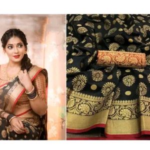 Black Colour Saree With Red Blouse Fabric