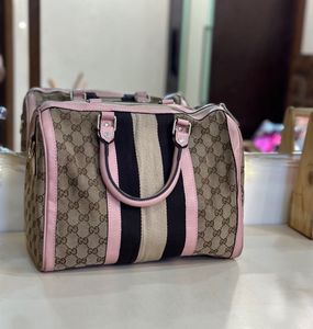 Auth Gucci Beige Canvas And Leather Web Boston Bag