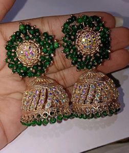 Traditional Green Beaded Jhumka Earrings withstone