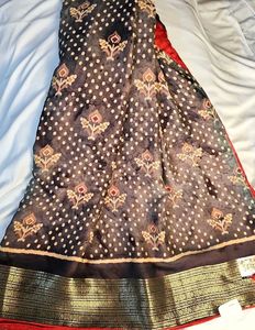 Elegant Printed Saree Gray and red (with blouse)