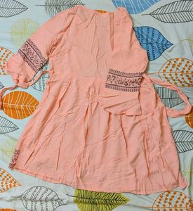 Peach Printed Tie Neck Dress