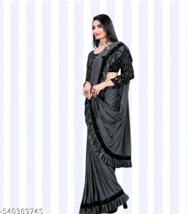 Ready to Wear Lycra Blend Navy Blue Ruffle Saree
