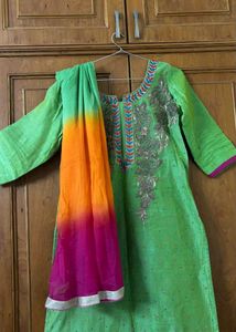 Green Embroidered Top With Grand Dupatta