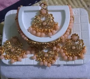 Golden With Peach Colour Perl Necklace Set