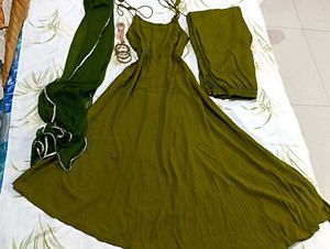 Olive Green Anarkali Suit Set
