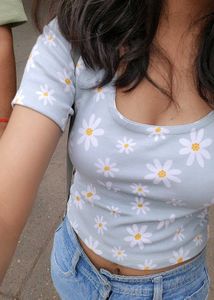 Daisy Print Ribbed Top