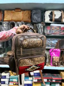 Leather Backpack with Aztec Detail