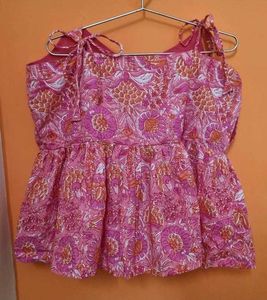 Pink-Yellow Floral Knot-Shoulder Crop Top