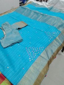 Cotton Organza Sky-blue Saree