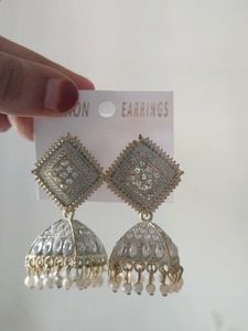 Off White Diamond Jhumkass With Malaa