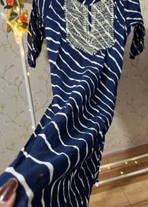 Navy Striped Embroidered Kurti
