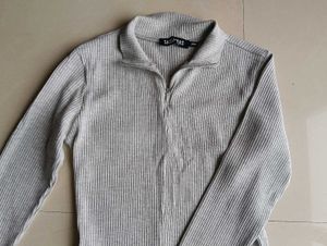 Gray Ribbed Mock Neck Top