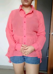 Pink Sheer Button-Down Peplum Top