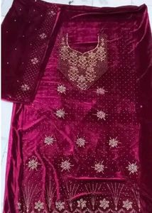 Maroon Velvet Embellished Dress Material