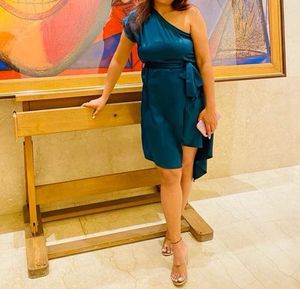 satin Teal One-Shoulder Dress