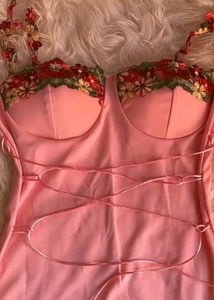 Floral Embroidered Pink Corset Midi Dress
