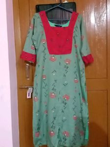 Green With Red Cotton Rayon Kurta