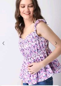Blue Floral Print Ruffles Smocked Peplum Top