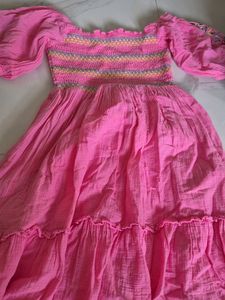 Pink Smocked Off-Shoulder Boho Midi Dress