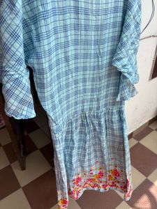 Blue Plaid Dress with Floral Hem