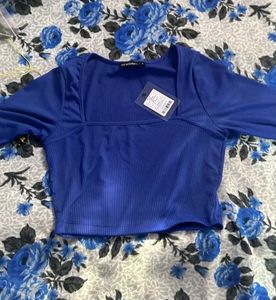 Blue Square Neck Long Sleeves Slim Fit Crop Top