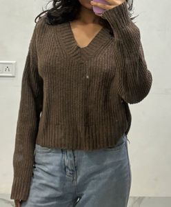 Brown Crop V Neck Cardigan