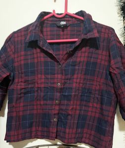 Red & Navy Plaid Cropped Shirt