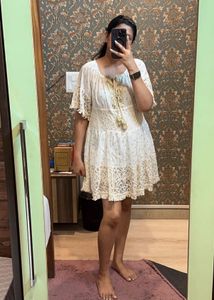 Women’s Cream Gold Embroidered Lace Trim  Dress
