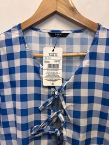 Blue Gingham Lace-Up Mini Dress