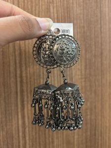 Grey Oxidised Jhumka Earrings
