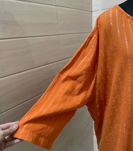 Avenue Womens Orange Metallic Stripes Blouse