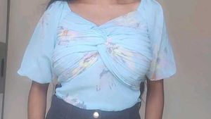 Chic Pleated Floral Off-Shoulder Top – Mint Blue
