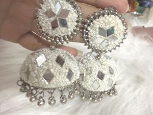 Big White Pearl &amp; Mirror Jhumkas