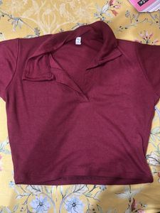 Burgundy Ribbed Polo Crop Top
