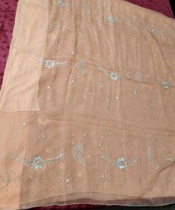 Women Peach Embroidered Georgette Saree