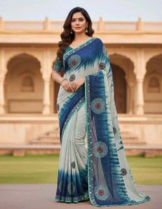 Elegant Blue &amp; White Saree