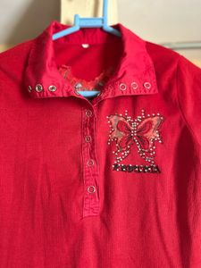 Red Embellished Polo Shirt