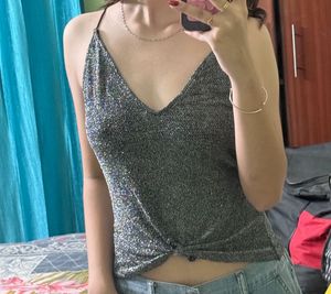 H&amp;M Silver Metallic Spaghetti Strap Crop T
